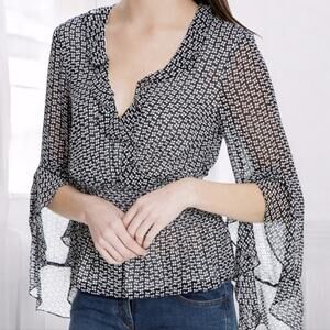 Max Studio London Women's Top Ruffled Polka Dot Bell Sleeve Black White XS